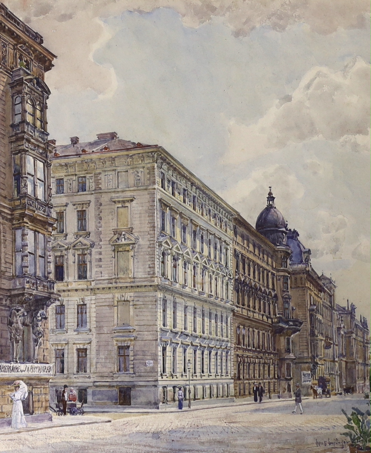 Hans Enzinger (Austrian, 1889-1972), watercolour, Viennese street scene, signed, 29 x 24cm